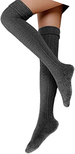 Damen Overknee Socken Lange Strümpfe Strick Baumwolle Dicke Warme Überknie Kniestrümpfe Weihnachtssocken für Damen und Mädchen (Tief grau) von FGFD&OU