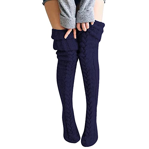 Damen Strümpfe Strick Overknee Socken Dicke Warme Überknie Kniestrümpfe Trachtenstrümpfe Grobstrick Wintersocken Thermosocken Lange Weihnachtssocken Kuschelsocken für Frauen (Blau) von FGFD&OU