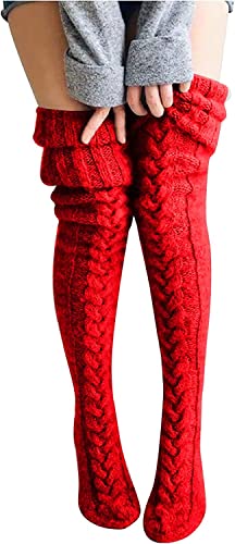 FGFD&OU Damen Strümpfe Strick Overknee Socken Dicke Warme Überknie Kniestrümpfe Trachtenstrümpfe Grobstrick Wintersocken Thermosocken Lange Weihnachtssocken Kuschelsocken für Frauen (Rot) von FGFD&OU