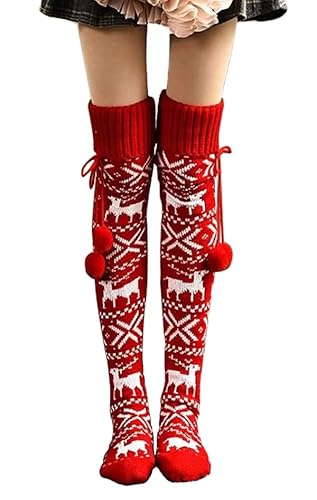 Damen Strümpfe Strick Overknee Socken Dicke Warme Überknie Kniestrümpfe Trachtenstrümpfe Grobstrick Wintersocken Thermosocken Lange Weihnachtssocken Kuschelsocken für Frauen (Xmas-Rot) von FGFD&OU