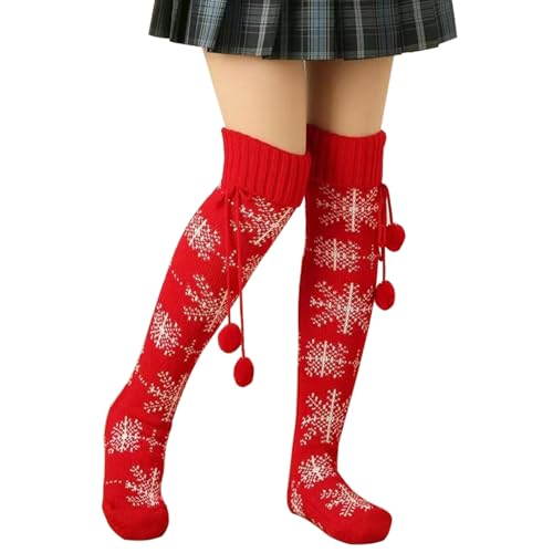 FGFD&OU Damen Strümpfe Strick Overknee Socken Dicke Warme Überknie Kniestrümpfe Trachtenstrümpfe Grobstrick Wintersocken Thermosocken Lange Weihnachtssocken Kuschelsocken für Frauen (Xmas-Snow) von FGFD&OU