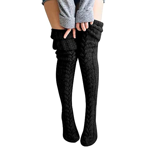 Damen Strümpfe Strick Overknee Socken Dicke Warme Überknie Kniestrümpfe Trachtenstrümpfe Grobstrick Wintersocken Thermosocken Lange Weihnachtssocken Kuschelsocken für Frauen (Schwarz) von FGFD&OU