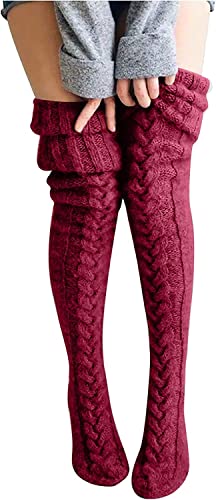 Damen Strümpfe Strick Overknee Socken Dicke Warme Überknie Kniestrümpfe Trachtenstrümpfe Grobstrick Wintersocken Thermosocken Lange Weihnachtssocken Kuschelsocken für Frauen (Weinrot) von FGFD&OU