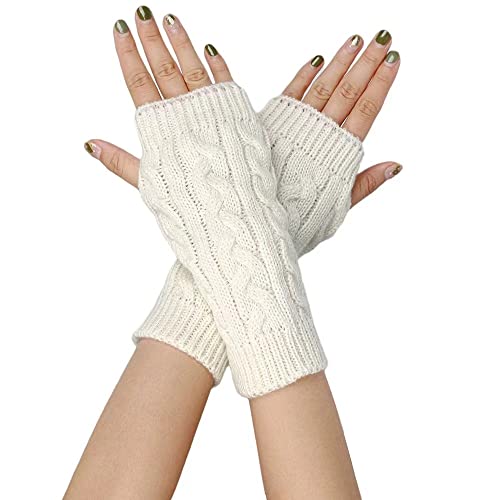 FGFD&OU Fingerlose Handschuhe für Damen Gestrickte Halb Fingerhandschuhe Kurzer Strickhandschuhe Fäustlinge Handwärmer Handgelenkwärmer Armstulpen Handstulpen Pulswärmer (1Paar-Weiß) von FGFD&OU