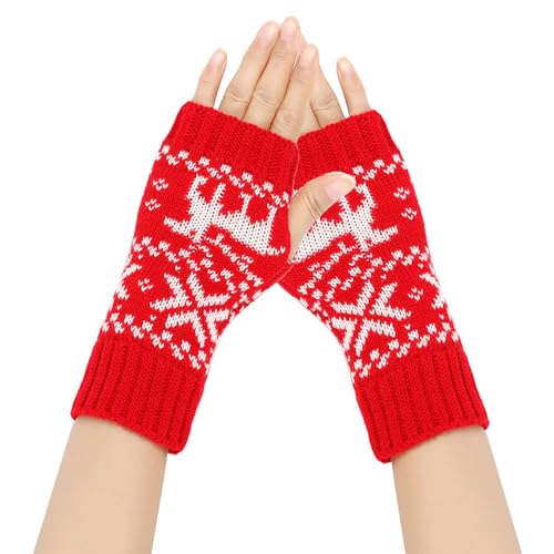 FGFD&OU Fingerlose Handschuhe für Damen Gestrickte Halb Fingerhandschuhe Kurzer Strickhandschuhe Fäustlinge Handwärmer Handgelenkwärmer Armstulpen Handstulpen Pulswärmer (1Paar-Xmas-Rot) von FGFD&OU