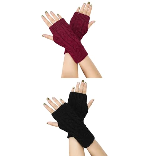 FGFD&OU Fingerlose Handschuhe für Damen Gestrickte Halb Fingerhandschuhe Kurzer Strickhandschuhe Fäustlinge Handwärmer Handgelenkwärmer Armstulpen Handstulpen Pulswärmer (2Paar-Schwarz+Weinrot) von FGFD&OU