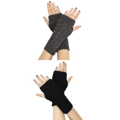 FGFD&OU Fingerlose Handschuhe für Damen Gestrickte Halb Fingerhandschuhe Kurzer Strickhandschuhe Fäustlinge Handwärmer Handgelenkwärmer Armstulpen Handstulpen Pulswärmer (2Paar-Schwarz+Tiefgrau) von FGFD&OU