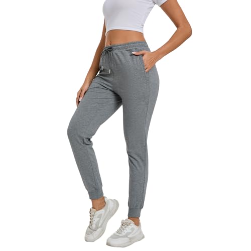 Jogginghose Damen Baumwolle Sporthose für Frauen Trainingshosen Sweathose Slim Fit Jogger Sweatpants Lang Freizeithose Laufhosen (Dunkelgrau, L) von FGFD&OU