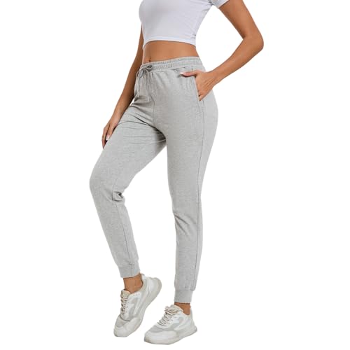 Jogginghose Damen Baumwolle Sporthose für Frauen Trainingshosen Sweathose Slim Fit Jogger Sweatpants Lang Freizeithose Laufhosen (Hellgrau, S) von FGFD&OU