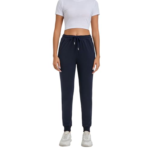 Jogginghose Damen Baumwolle Sporthose für Frauen Trainingshosen Sweathose Slim Fit Jogger Sweatpants Lang Freizeithose Laufhosen (Marineblau, L) von FGFD&OU