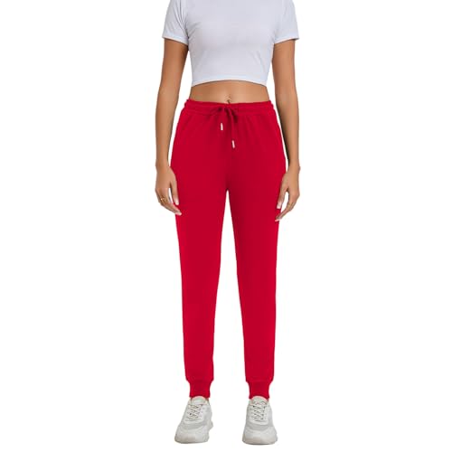 Jogginghose Damen Baumwolle Sporthose für Frauen Trainingshosen Sweathose Slim Fit Jogger Sweatpants Lang Freizeithose Laufhosen (Rot, M) von FGFD&OU