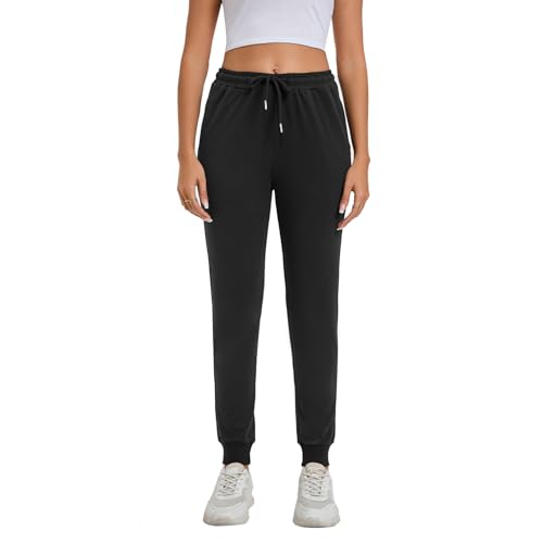 Jogginghose Damen Baumwolle Sporthose für Frauen Trainingshosen Sweathose Slim Fit Jogger Sweatpants Lang Freizeithose Laufhosen (Schwarz, S) von FGFD&OU