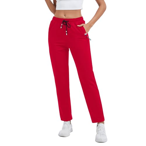 FGFD&OU Jogginghose Damen Sporthose Baumwolle Sweathose Frauen Trainingshosen Slim Fit Jogger Sweatpants Lang Freizeithose Laufhosen für Mädchen (Rot, L) von FGFD&OU