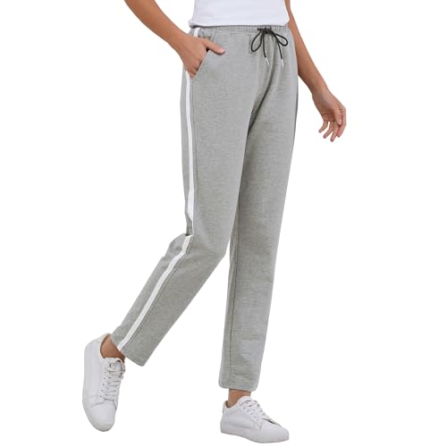 Jogginghose Damen Sporthose Baumwolle für Frauen Sweathose Laufhosen Trainingshosen Jogger Sweatpants Lang Mädchen Freizeithose mit Streifen Für Sport Yoga Fitness (Hellgrau, M) von FGFD&OU