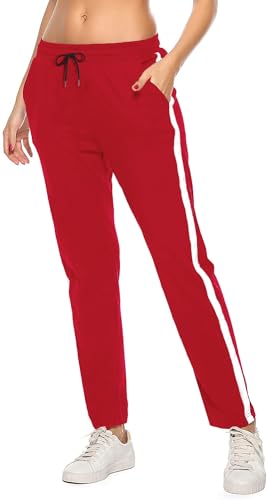 Jogginghose Damen Sporthose Baumwolle für Frauen Sweathose Laufhosen Trainingshosen Jogger Sweatpants Lang Mädchen Freizeithose mit Streifen Für Sport Yoga Fitness (Rot, 3XL) von FGFD&OU