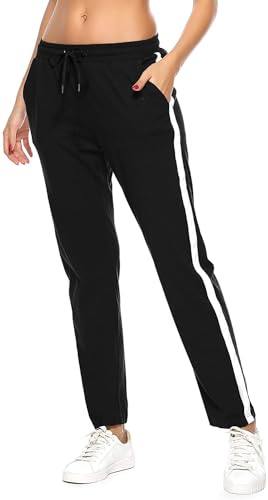 Jogginghose Damen Sporthose Baumwolle für Frauen Sweathose Laufhosen Trainingshosen Jogger Sweatpants Lang Mädchen Freizeithose mit Streifen Für Sport Yoga Fitness (Schwarz, XL) von FGFD&OU
