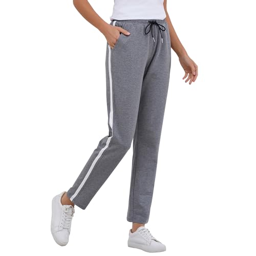 Jogginghose Damen Sporthose Baumwolle für Frauen Sweathose Laufhosen Trainingshosen Jogger Sweatpants Lang Mädchen Freizeithose mit Streifen Für Sport Yoga Fitness (Tiefgrau, L) von FGFD&OU