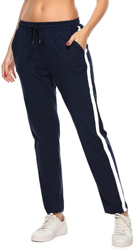 FGFD&OU Jogginghose für Damen Sporthose Lang Baumwolle Trainingshose Frauen Sweathose Laufhosen mit Streifen für Jogger Sport Yoga Gym (Dunkelblau, L) von FGFD&OU