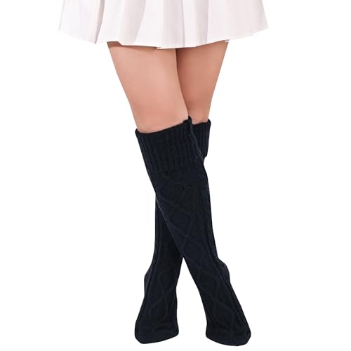 FGFD&OU Kniestrümpfe Damen Strick Strümpfe Overknee Socken Dicke Warme Überknie Trachtenstrümpfe Grobstrick Wintersocken Thermosocken Lange Weihnachtssocken (Schwarz) von FGFD&OU