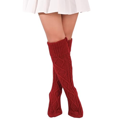 FGFD&OU Kniestrümpfe Damen Strick Strümpfe Overknee Socken Dicke Warme Überknie Trachtenstrümpfe Grobstrick Wintersocken Thermosocken Lange Weihnachtssocken (Weinrot) von FGFD&OU