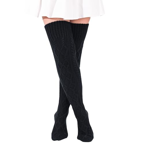 Kniestrümpfe Damen Strick Strümpfe Overknee Socken Dicke Warme Überknie Trachtenstrümpfe Grobstrick Wintersocken Thermosocken Lange Weihnachtssocken für Frauen (Schwarz) von FGFD&OU