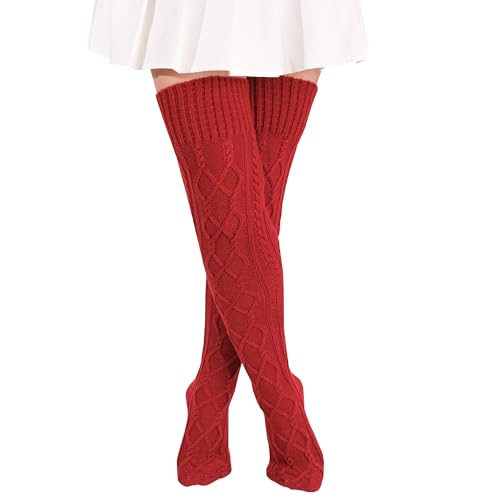 Kniestrümpfe Damen Strick Strümpfe Overknee Socken Dicke Warme Überknie Trachtenstrümpfe Grobstrick Wintersocken Thermosocken Lange Weihnachtssocken für Frauen (Weinrot) von FGFD&OU