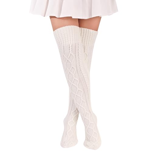 Kniestrümpfe Damen Strick Strümpfe Overknee Socken Dicke Warme Überknie Trachtenstrümpfe Grobstrick Wintersocken Thermosocken Lange Weihnachtssocken für Frauen (Weiß) von FGFD&OU