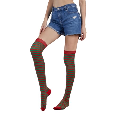 FGFD&OU Kniestrümpfe für Damen Überknie Gestreift Overknee Strümpfe Frauen Overknees Socken Damen Warme Hohe Socken Damen Thermo Lange Socken Mädchen (Rot&grün) von FGFD&OU