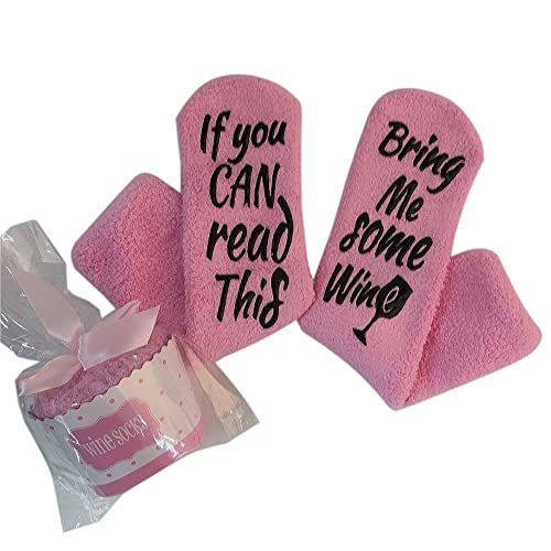 Lustige Socken Damen und Herren Bring mir Socken Kuschel Thermosocken Flauschsocken für Frauen mit Rutschfeste Wort IF YOU CAN READ THIS, BRING ME COFFEE WINE BEER CHOCOLATE (Rosa-W) von FGFD&OU