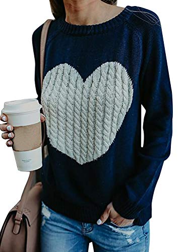 FGFD&OU Pullover Damen Oversize Strickpullover Pulli Rundhals Elegant Sweater Langarm Winter Outwear Thermische Tops Casual Sweatshirts Weihnachtspulli für Frauen (Blau, L) von FGFD&OU