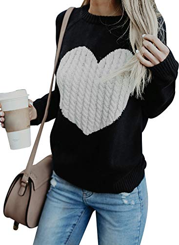 FGFD&OU Pullover Damen Oversize Strickpullover Pulli Rundhals Elegant Sweater Langarm Winter Outwear Thermische Tops Casual Sweatshirts Weihnachtspulli für Frauen (Schwarz, L) von FGFD&OU