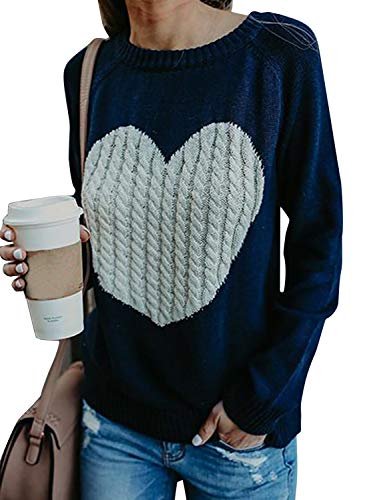Pullover Damen Oversize Strickpullover Pulli Rundhals Elegant Sweater Langarm Winter Outwear Thermische Tops Casual Sweatshirts Weihnachtspulli für Frauen (Blau, L) von FGFD&OU