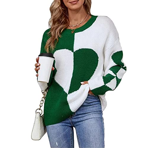 FGFD&OU Pullover Damen Oversize Strickpullover Pulli Rundhals Elegant Sweater Langarm Winter Outwear Thermische Tops Casual Weihnachtspulli für Frauen (A-Grün, S) von FGFD&OU