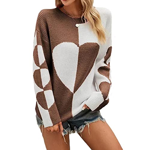 Pullover Damen Oversize Strickpullover Pulli Rundhals Elegant Sweater Langarm Winter Outwear Thermische Tops Casual Weihnachtspulli für Frauen (A-Kaffee, M) von FGFD&OU