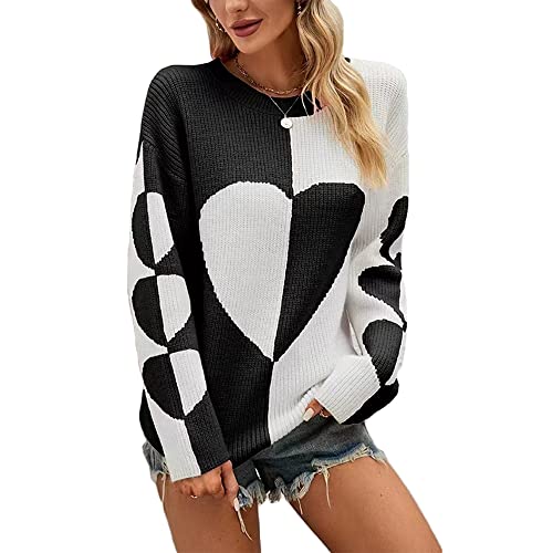 Pullover Damen Oversize Strickpullover Pulli Rundhals Elegant Sweater Langarm Winter Outwear Thermische Tops Casual Weihnachtspulli für Frauen (A-Schwarz, M) von FGFD&OU