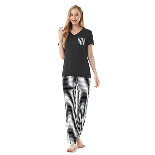 FGFD&OU Schlafanzug Damen Nachtwäsche Langarm und Kurzarm Pyjama Zweiteiliger Baumwolle Loungewear Schlafhose und Oberteile Weich Lounge Set Damen mit V-Ausschnitt (Kurzarm Grau, L) von FGFD&OU