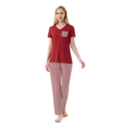 FGFD&OU Schlafanzug Damen Nachtwäsche Langarm und Kurzarm Pyjama Zweiteiliger Baumwolle Loungewear Schlafhose und Oberteile Weich Lounge Set Damen mit V-Ausschnitt (Kurzarm Rot, XS) von FGFD&OU