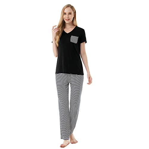 FGFD&OU Schlafanzug Damen Nachtwäsche Langarm und Kurzarm Pyjama Zweiteiliger Baumwolle Loungewear Schlafhose und Oberteile Weich Lounge Set Damen mit V-Ausschnitt (Kurzarm Schwarz, M) von FGFD&OU