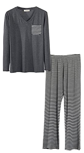 FGFD&OU Schlafanzug Damen Nachtwäsche Langarm und Kurzarm Pyjama Zweiteiliger Baumwolle Loungewear Schlafhose und Oberteile Weich Lounge Set Damen mit V-Ausschnitt (Langarm Grau, S) von FGFD&OU