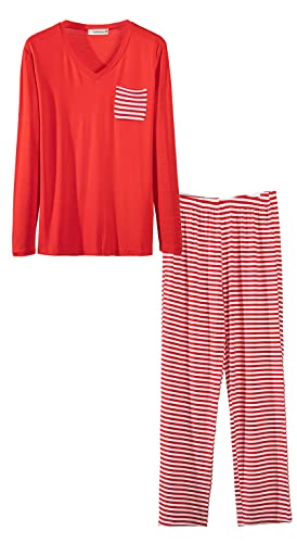 FGFD&OU Schlafanzug Damen Nachtwäsche Langarm und Kurzarm Pyjama Zweiteiliger Baumwolle Loungewear Schlafhose und Oberteile Weich Lounge Set Damen mit V-Ausschnitt (Langarm Rot, S) von FGFD&OU