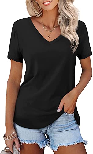 FGFD&OU T Shirt Damen Langarm/Kurzarm V-Ausschnitt T-Shirt Basic Oberteil Elegant Bluse Damen Solide Tunika Tops für Ladies (A-Schwar, L) von FGFD&OU