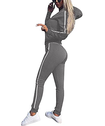 FGFD&OU Trainingsanzüge für Damen Jogginganzug aus Baumwolle Sportanzug Set mit Lange Ärmel Zipper Hoodie + Lange Sporthose Kapuzenpullover Jogginghose Jogger Jogging Anzug 2 Stück (Grau, XXL) von FGFD&OU