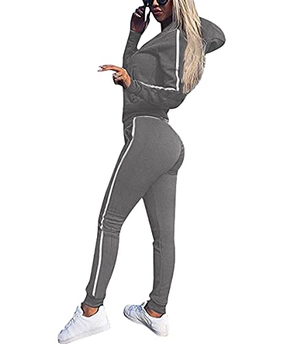 FGFD&OU Trainingsanzüge für Damen Jogginganzug aus Baumwolle Sportanzug Set mit Lange Ärmel Zipper Hoodie + Lange Sporthose Kapuzenpullover Jogginghose Jogger Jogging Anzug 2 Stück (Grau, S) von FGFD&OU