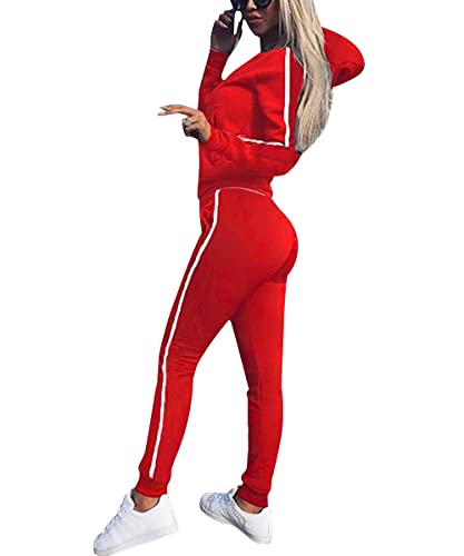 FGFD&OU Trainingsanzüge für Damen Jogginganzug aus Baumwolle Sportanzug Set mit Lange Ärmel Zipper Hoodie + Lange Sporthose Kapuzenpullover Jogginghose Jogger Jogging Anzug 2 Stück (Rot, XXL) von FGFD&OU