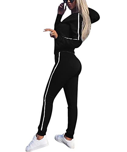 FGFD&OU Trainingsanzüge für Damen Jogginganzug aus Baumwolle Sportanzug Set mit Lange Ärmel Zipper Hoodie + Lange Sporthose Kapuzenpullover Jogginghose Jogger Jogging Anzug 2 Stück (Schwarz, XXL) von FGFD&OU