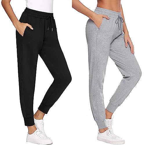 Jogginghose Damen Sporthose Damen Baumwolle Sweathose für Frauen Jogging Hose Lang Mädchen Trainingshosen Slim Fit Jogger Sweatpants Freizeithose Sportwear für Damen (Zwei-Schwarz+Hellgrau, M) von FGFD&OU