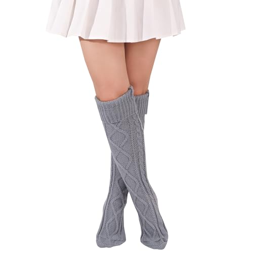FGFD&OU Kniestrümpfe Damen Strick Strümpfe Overknee Socken Dicke Warme Überknie Trachtenstrümpfe Grobstrick Wintersocken Thermosocken Lange Weihnachtssocken (Hellgrau) von FGFD&OU