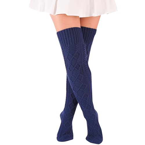 Kniestrümpfe Damen Strick Strümpfe Overknee Socken Dicke Warme Überknie Trachtenstrümpfe Grobstrick Wintersocken Thermosocken Lange Weihnachtssocken für Frauen (Blau) von FGFD&OU
