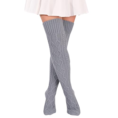 Kniestrümpfe Damen Strick Strümpfe Overknee Socken Dicke Warme Überknie Trachtenstrümpfe Grobstrick Wintersocken Thermosocken Lange Weihnachtssocken für Frauen (Hellgrau) von FGFD&OU