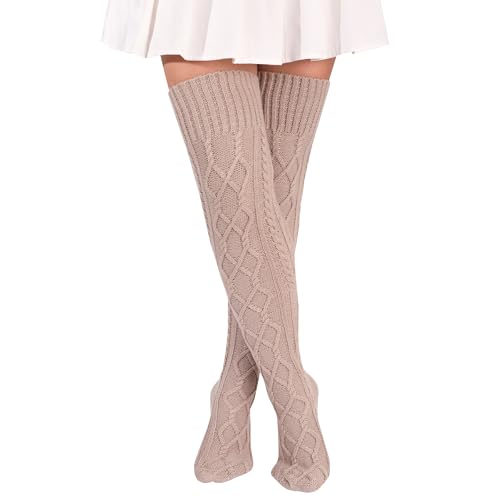 Kniestrümpfe Damen Strick Strümpfe Overknee Socken Dicke Warme Überknie Trachtenstrümpfe Grobstrick Wintersocken Thermosocken Lange Weihnachtssocken für Frauen (Khaki) von FGFD&OU